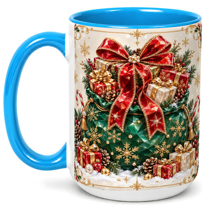 #pl[15oz|Blue] Christmas Present Sack Coffee Mug, Holiday Bow Mug, Ceramic Cup