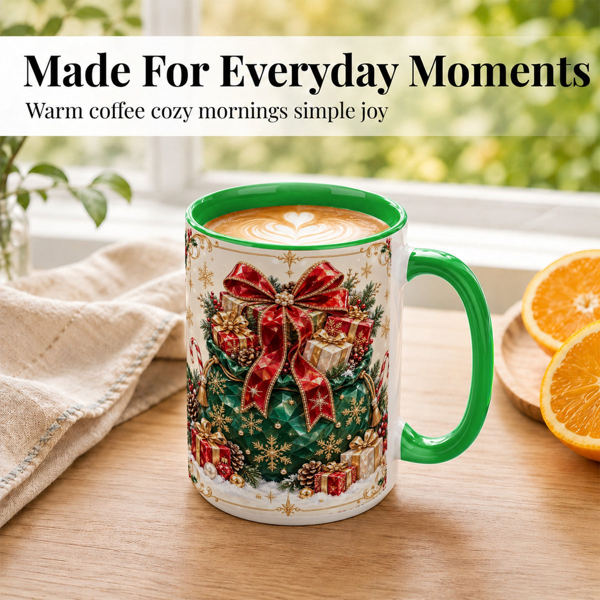 #pl[15oz|Green] Christmas Present Sack Coffee Mug, Holiday Bow Mug, Ceramic Cup