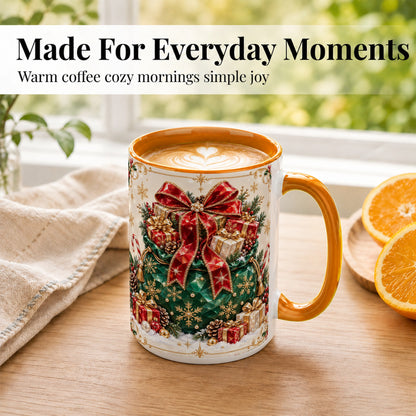 #pl[15oz|Orange] Christmas Present Sack Coffee Mug, Holiday Bow Mug, Ceramic Cup