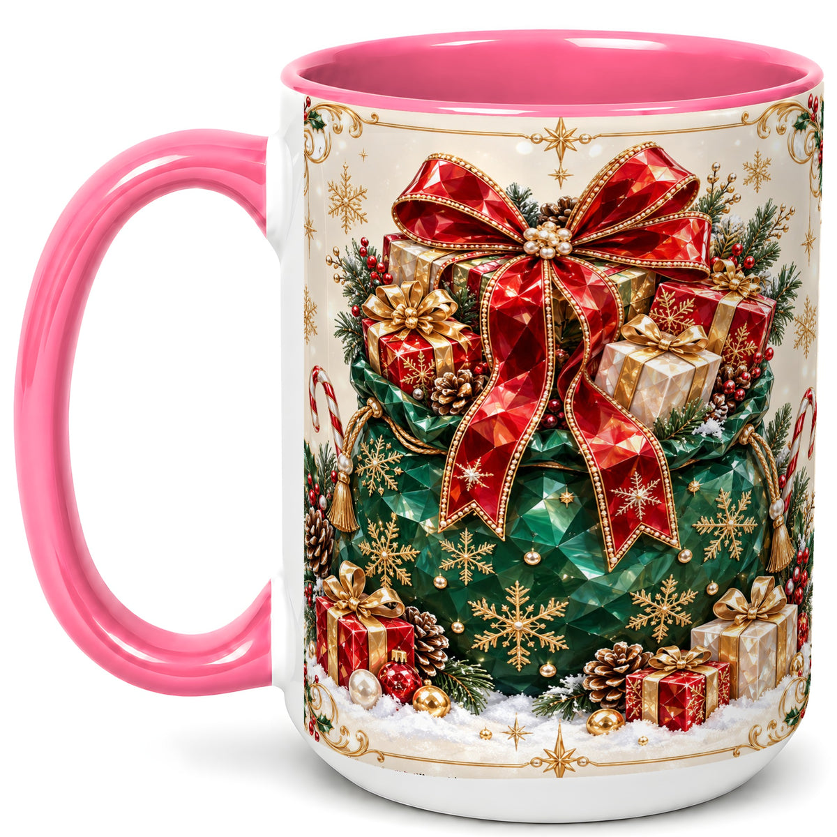 #pl[15oz|Pink] Christmas Present Sack Coffee Mug, Holiday Bow Mug, Ceramic Cup