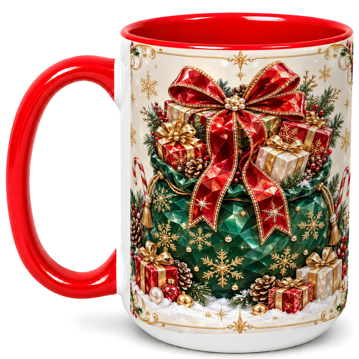 #pl[15oz|Red] Christmas Present Sack Coffee Mug, Holiday Bow Mug, Ceramic Cup