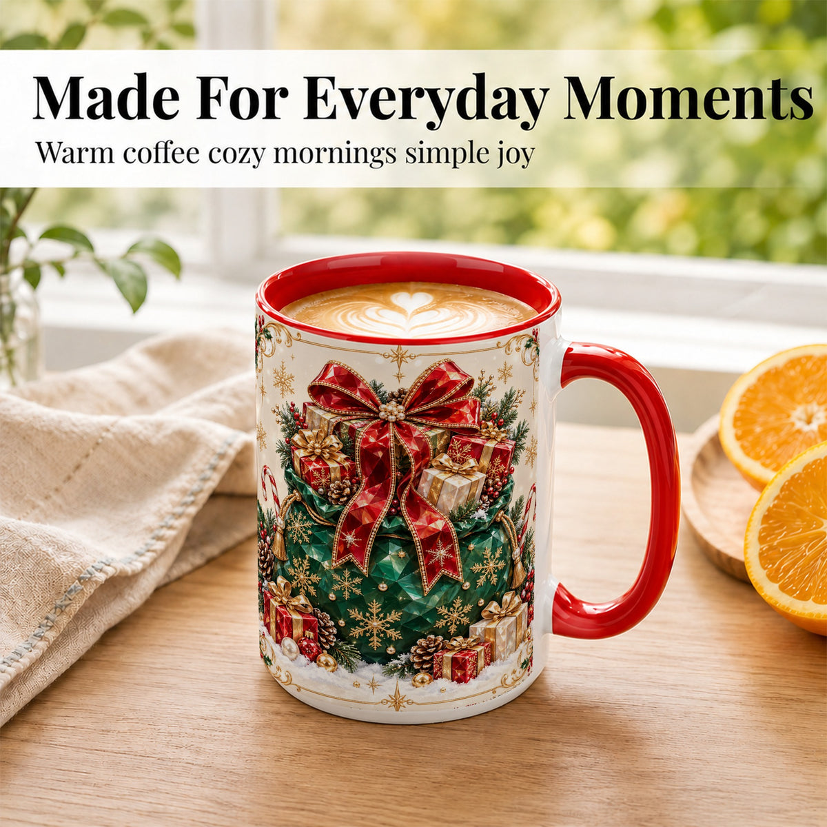 #pl[15oz|Red] Christmas Present Sack Coffee Mug, Holiday Bow Mug, Ceramic Cup
