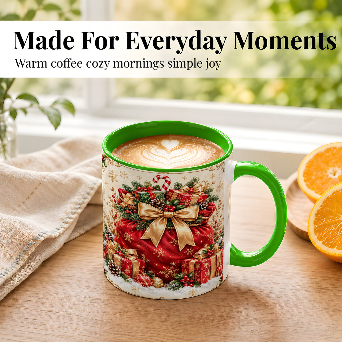 #pl[11oz|Green] Red Christmas Sack Coffee Mug, Holiday Presents Mug, Ceramic Cup