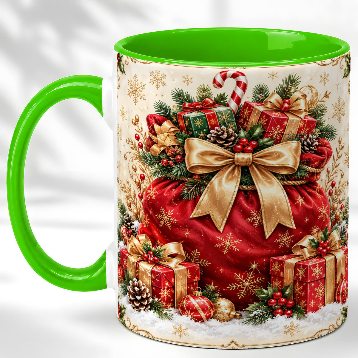 #pl[11oz|Green] Red Christmas Sack Coffee Mug, Holiday Presents Mug, Ceramic Cup