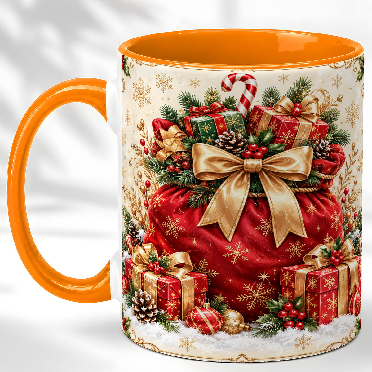 #pl[11oz|Orange] Red Christmas Sack Coffee Mug, Holiday Presents Mug, Ceramic Cup