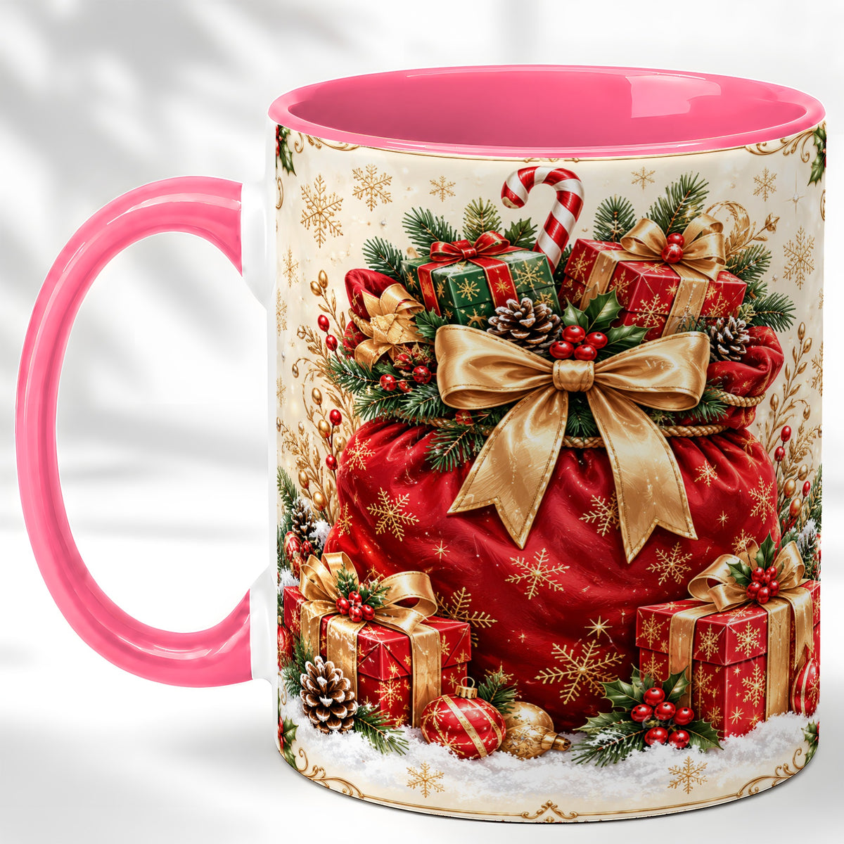 #pl[11oz|Pink] Red Christmas Sack Coffee Mug, Holiday Presents Mug, Ceramic Cup