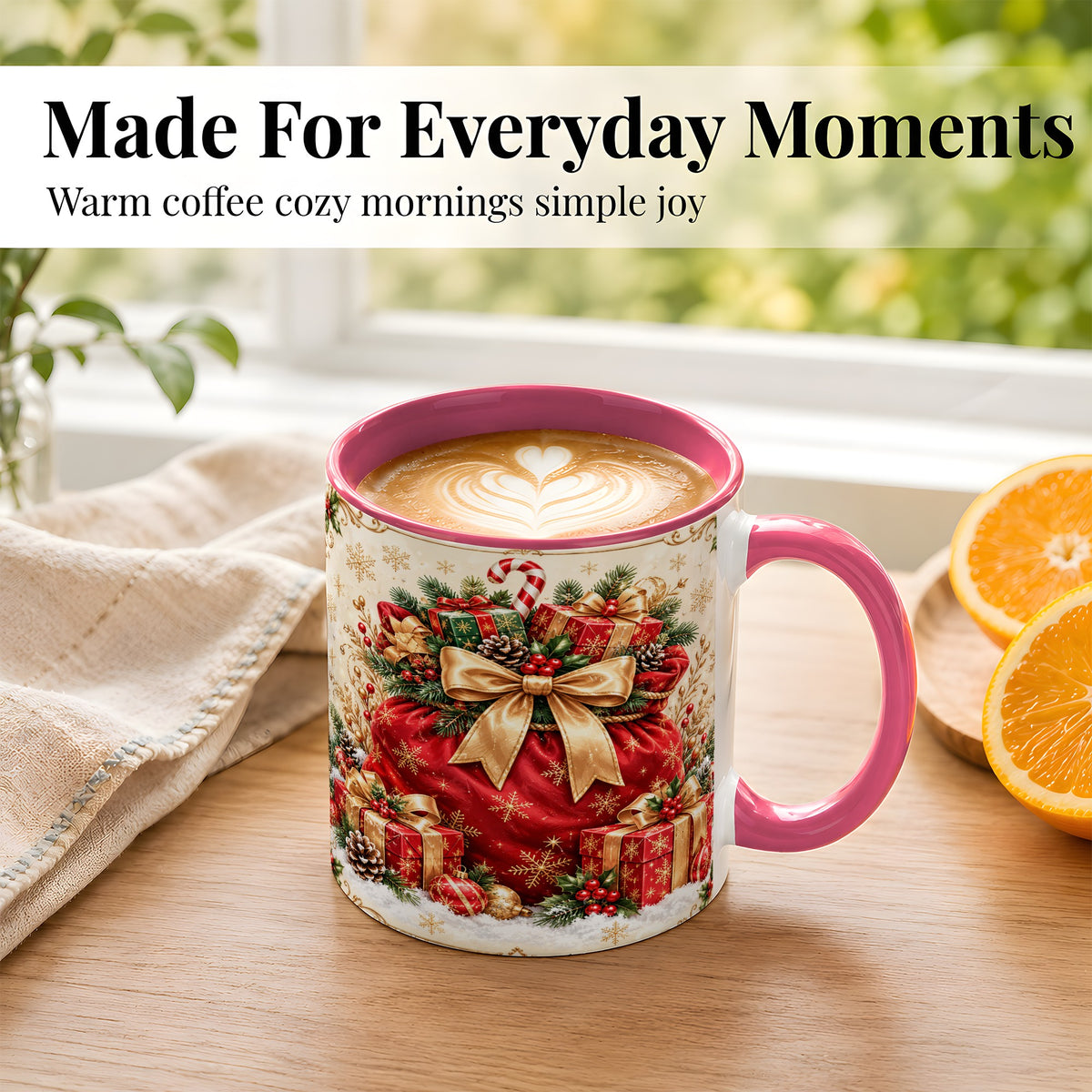 #pl[11oz|Pink] Red Christmas Sack Coffee Mug, Holiday Presents Mug, Ceramic Cup