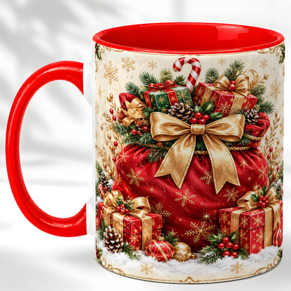 Red Christmas Sack Coffee Mug, Holiday Presents Mug, Ceramic Cup