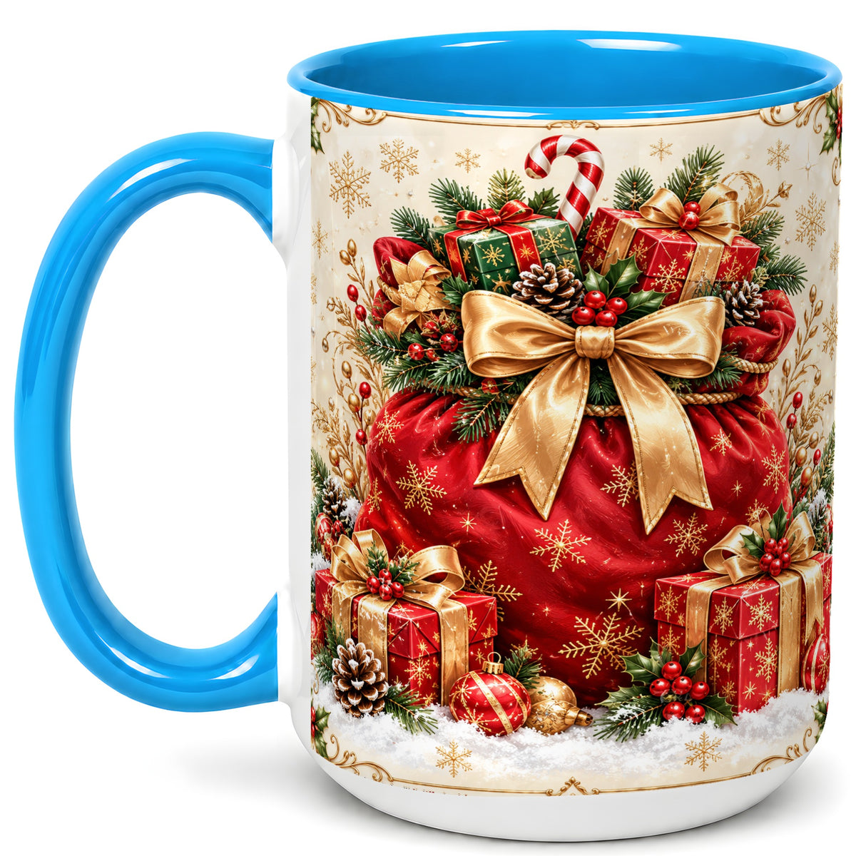 #pl[15oz|Blue] Red Christmas Sack Coffee Mug, Holiday Presents Mug, Ceramic Cup