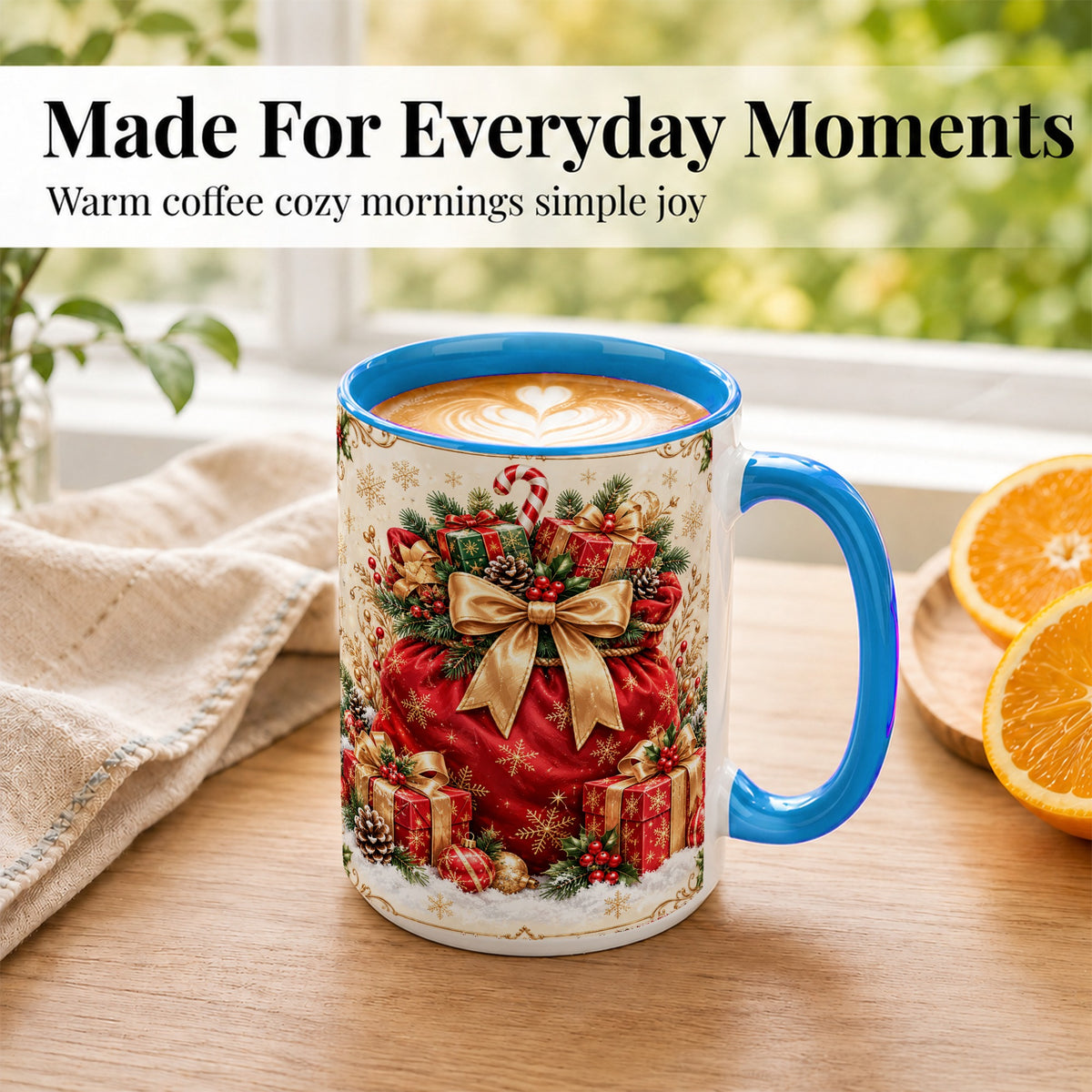 #pl[15oz|Blue] Red Christmas Sack Coffee Mug, Holiday Presents Mug, Ceramic Cup