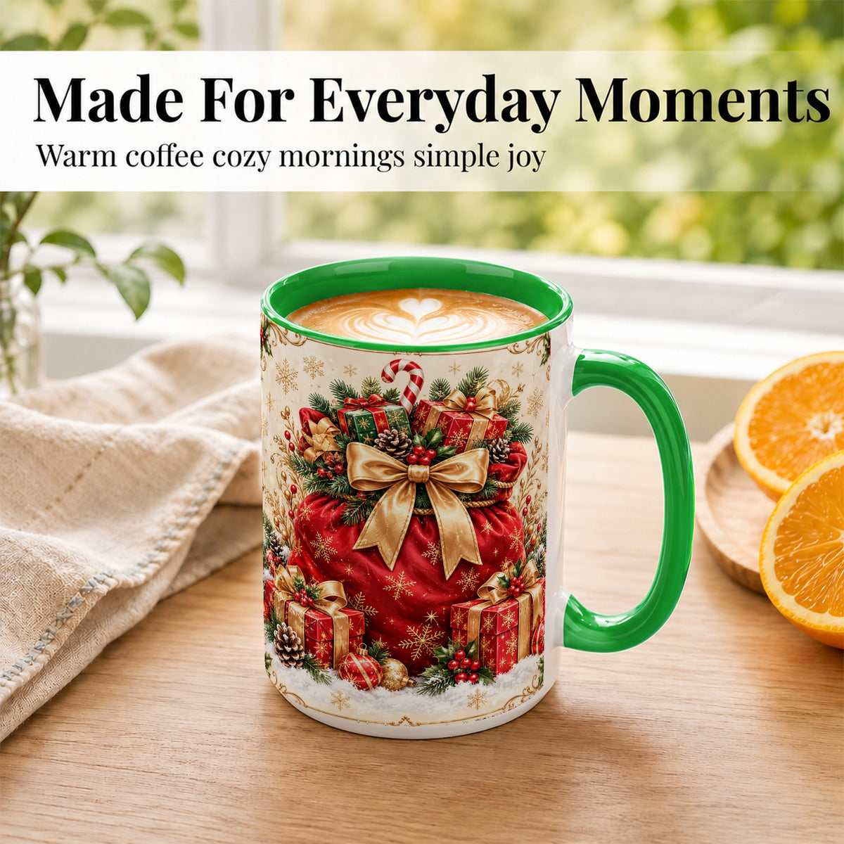 #pl[15oz|Green] Red Christmas Sack Coffee Mug, Holiday Presents Mug, Ceramic Cup