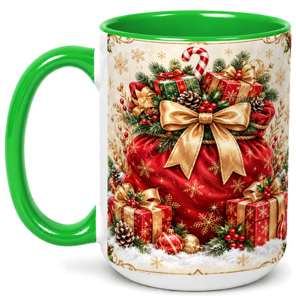 #pl[15oz|Green] Red Christmas Sack Coffee Mug, Holiday Presents Mug, Ceramic Cup
