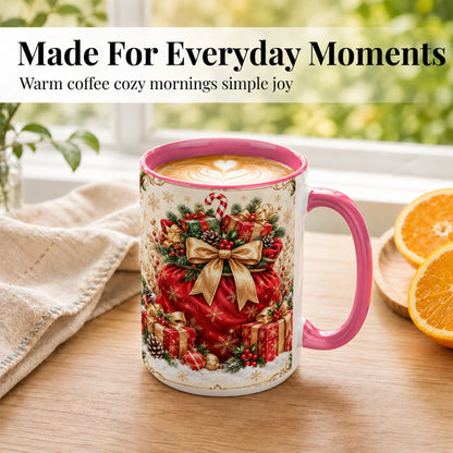 #pl[15oz|Pink] Red Christmas Sack Coffee Mug, Holiday Presents Mug, Ceramic Cup