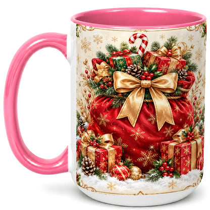 #pl[15oz|Pink] Red Christmas Sack Coffee Mug, Holiday Presents Mug, Ceramic Cup