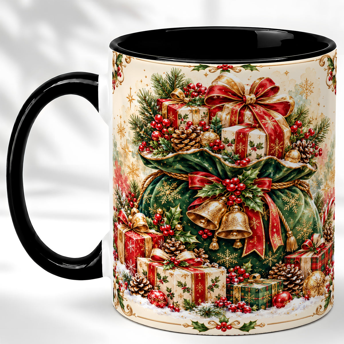 #pl[11oz|Black] Christmas Present Bag Coffee Mug, Holiday Bells Mug, Ceramic Cup