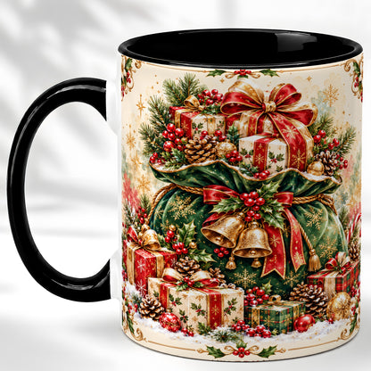 #pl[11oz|Black] Christmas Present Bag Coffee Mug, Holiday Bells Mug, Ceramic Cup