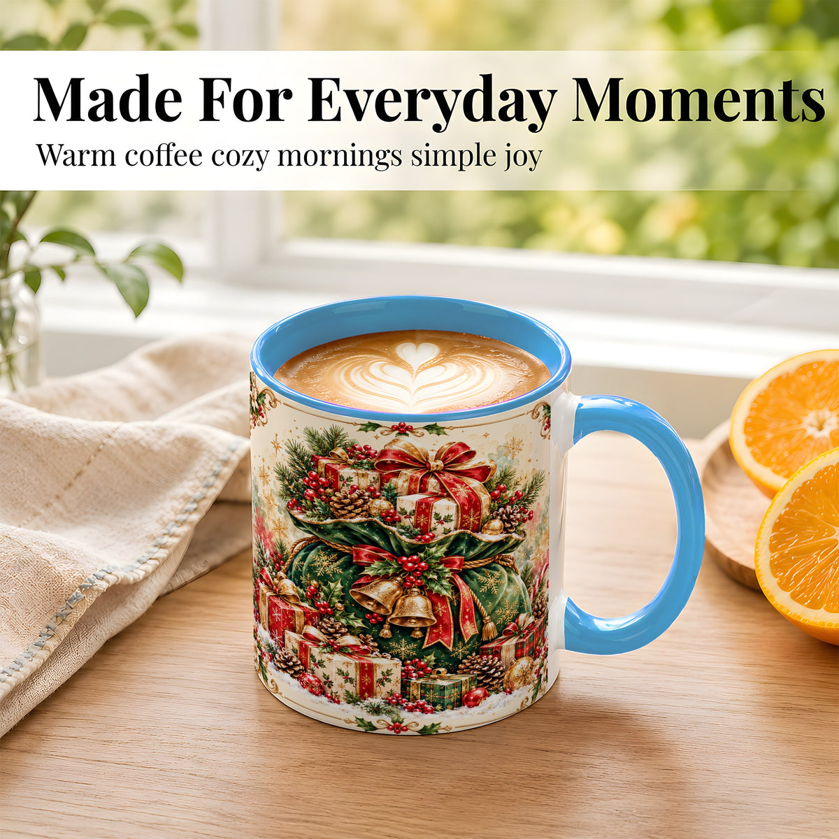 #pl[11oz|Blue] Christmas Present Bag Coffee Mug, Holiday Bells Mug, Ceramic Cup