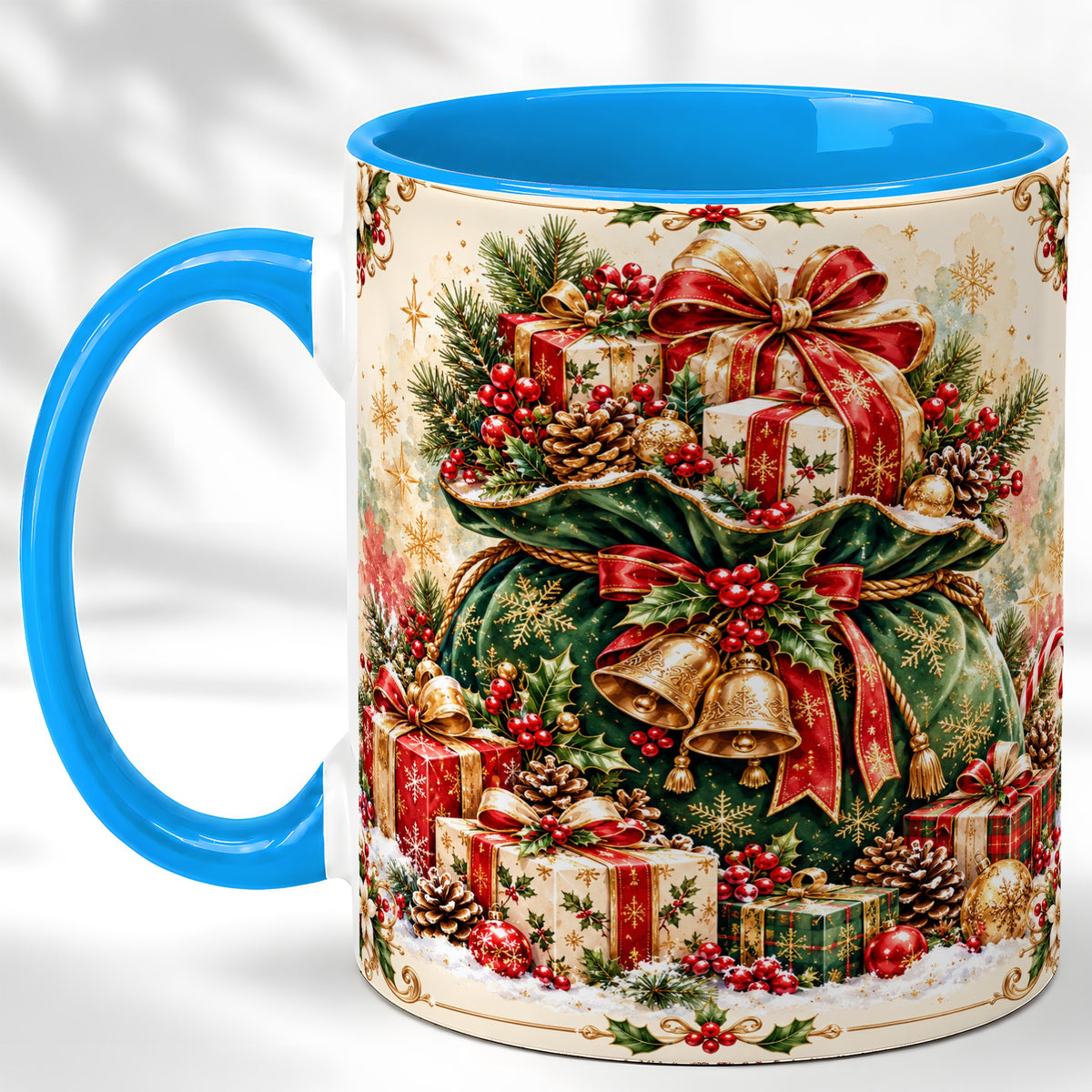 #pl[11oz|Blue] Christmas Present Bag Coffee Mug, Holiday Bells Mug, Ceramic Cup