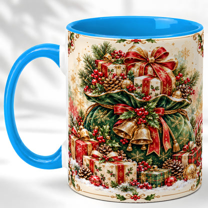 #pl[11oz|Blue] Christmas Present Bag Coffee Mug, Holiday Bells Mug, Ceramic Cup