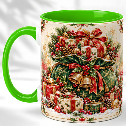 #pl[11oz|Green] Christmas Present Bag Coffee Mug, Holiday Bells Mug, Ceramic Cup
