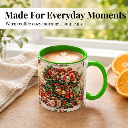 #pl[11oz|Green] Christmas Present Bag Coffee Mug, Holiday Bells Mug, Ceramic Cup