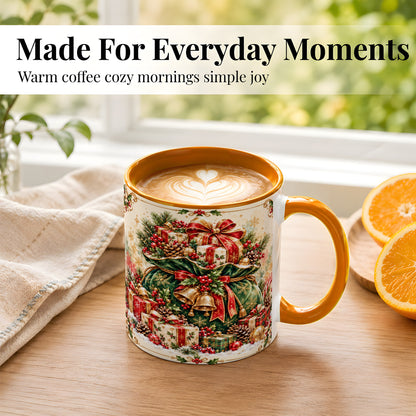 #pl[11oz|Orange] Christmas Present Bag Coffee Mug, Holiday Bells Mug, Ceramic Cup
