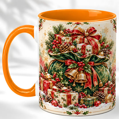 #pl[11oz|Orange] Christmas Present Bag Coffee Mug, Holiday Bells Mug, Ceramic Cup