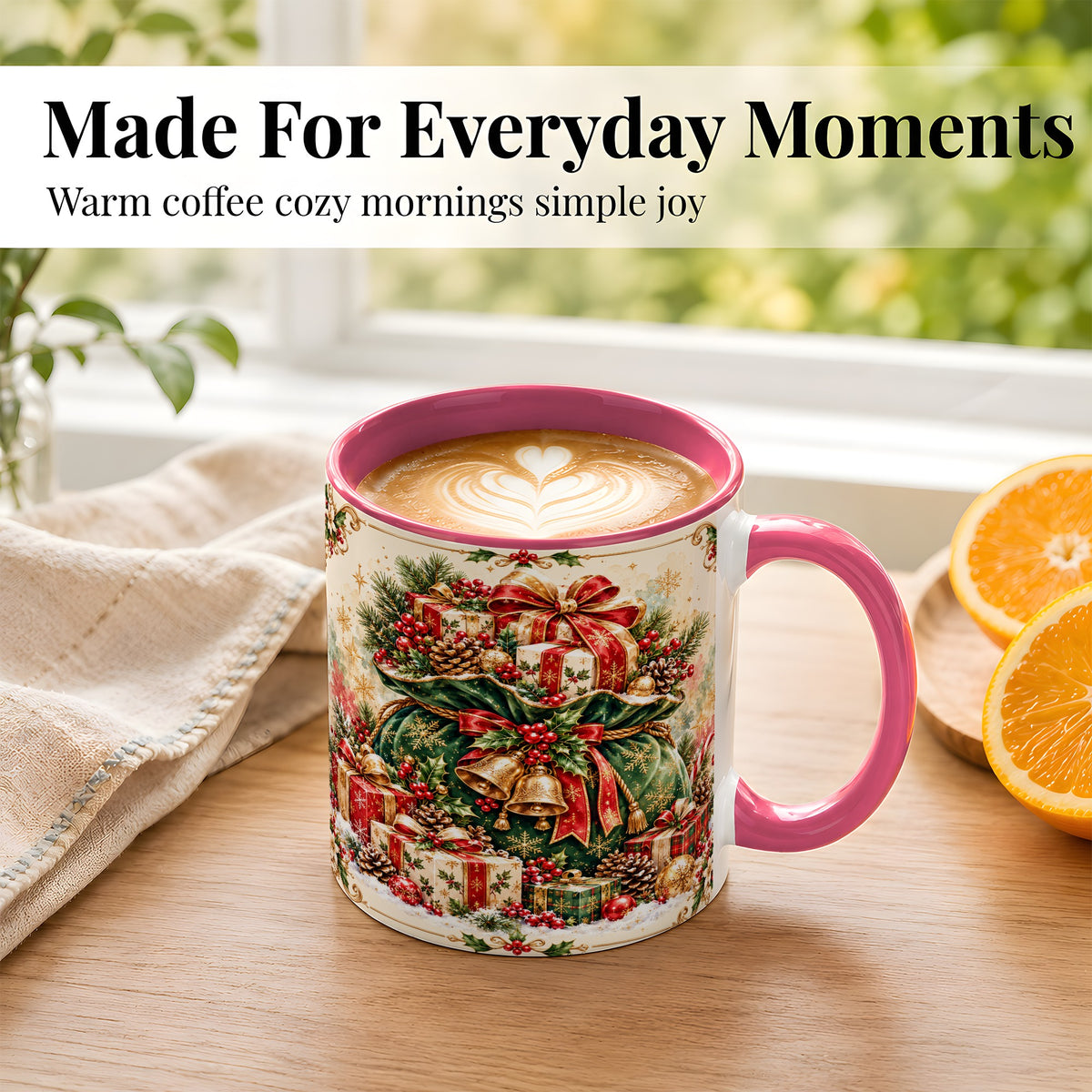#pl[11oz|Pink] Christmas Present Bag Coffee Mug, Holiday Bells Mug, Ceramic Cup
