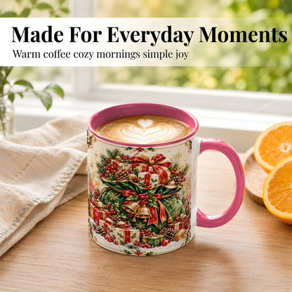 #pl[11oz|Pink] Christmas Present Bag Coffee Mug, Holiday Bells Mug, Ceramic Cup