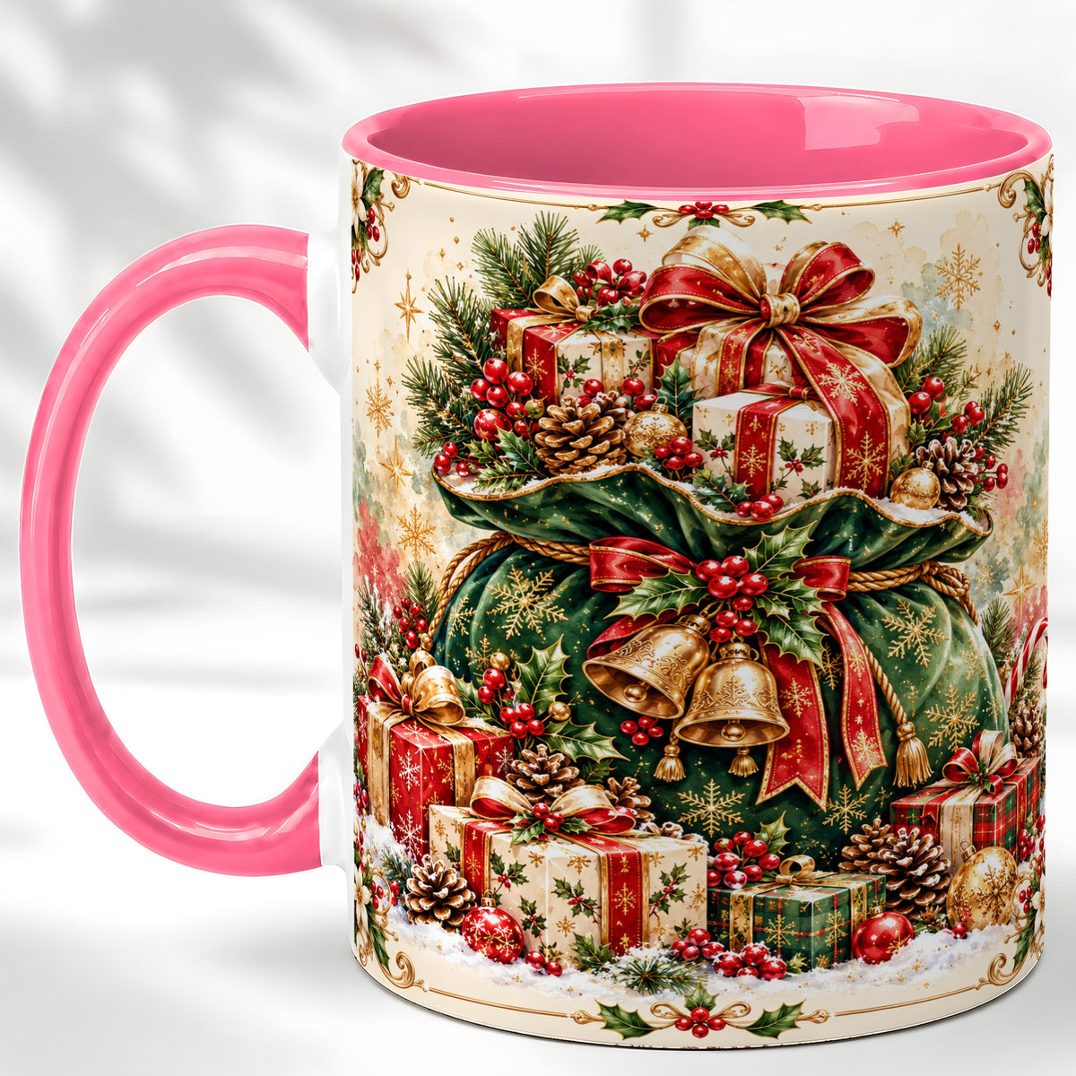 #pl[11oz|Pink] Christmas Present Bag Coffee Mug, Holiday Bells Mug, Ceramic Cup