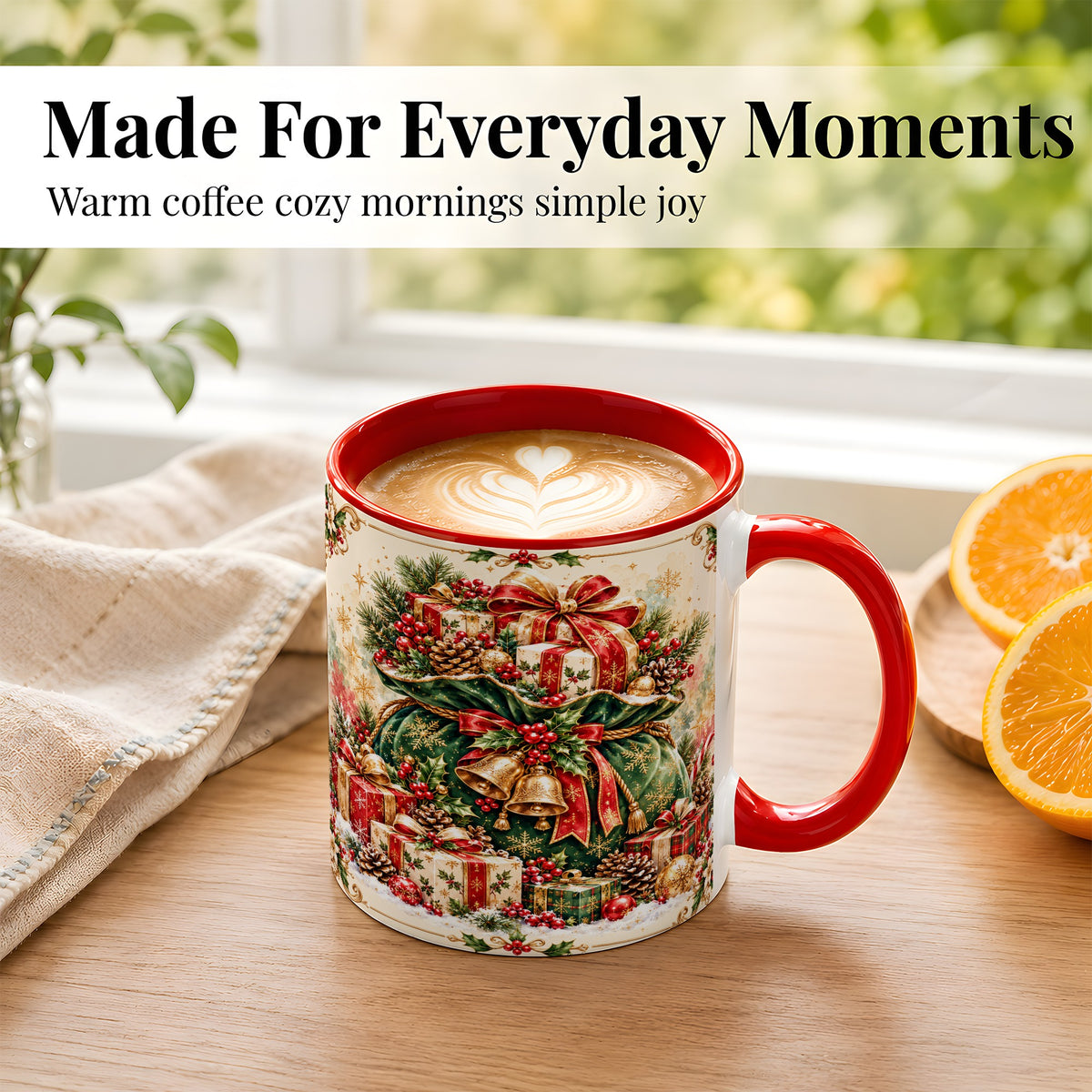 #pl[11oz|Red] Christmas Present Bag Coffee Mug, Holiday Bells Mug, Ceramic Cup