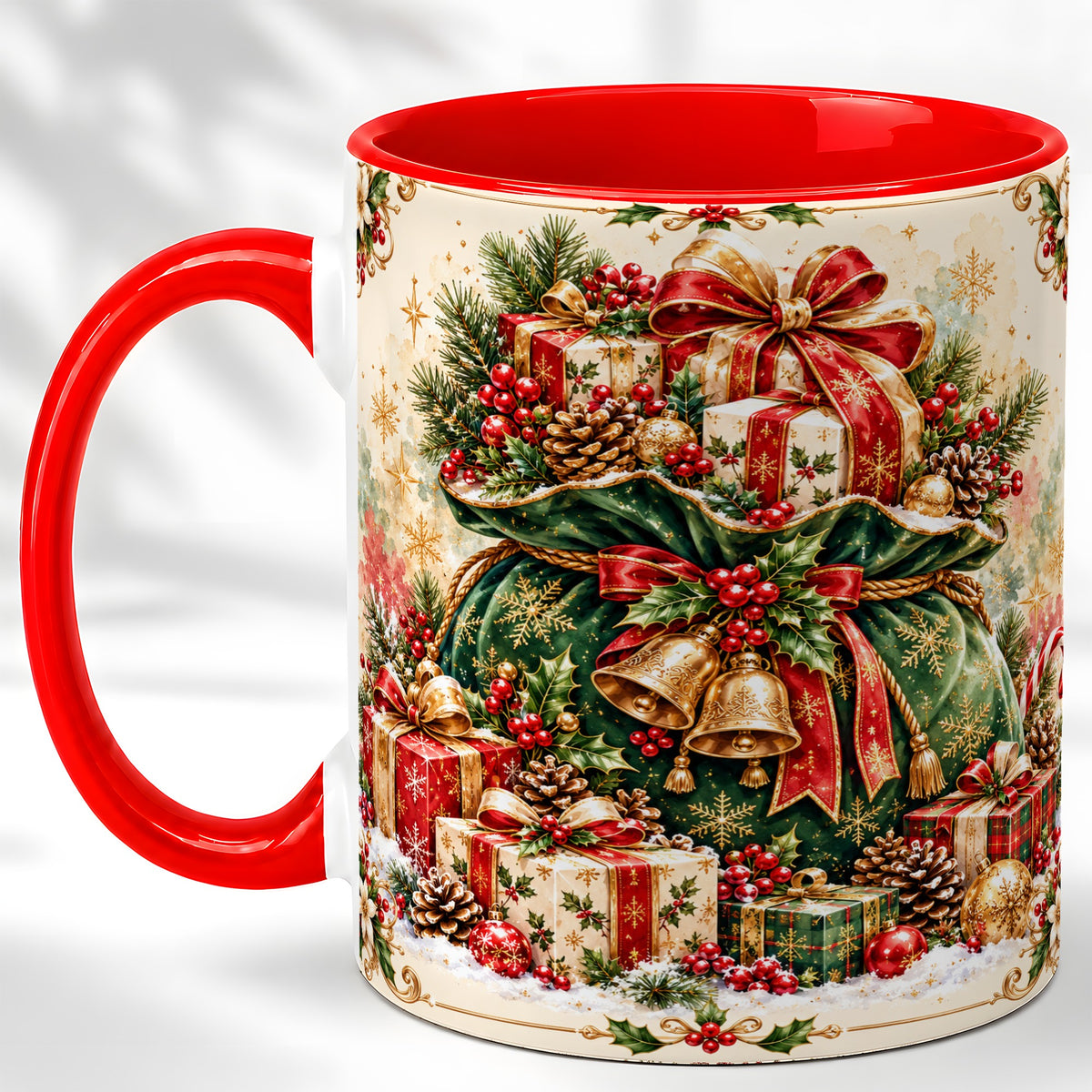 Christmas Present Bag Coffee Mug, Holiday Bells Mug, Ceramic Cup