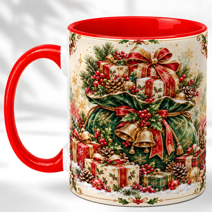 Christmas Present Bag Coffee Mug, Holiday Bells Mug, Ceramic Cup