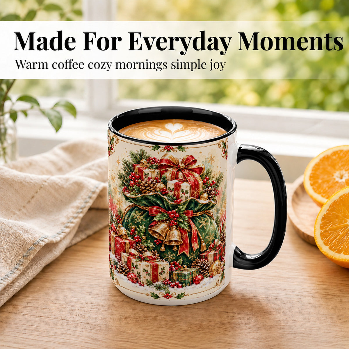 #pl[15oz|Black] Christmas Present Bag Coffee Mug, Holiday Bells Mug, Ceramic Cup