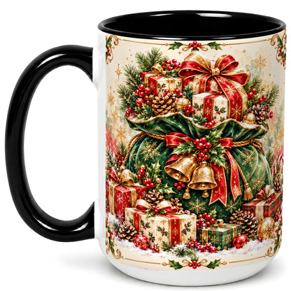 #pl[15oz|Black] Christmas Present Bag Coffee Mug, Holiday Bells Mug, Ceramic Cup