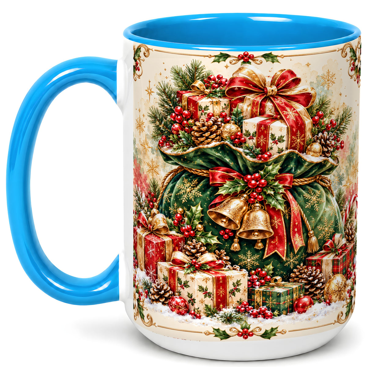 #pl[15oz|Blue] Christmas Present Bag Coffee Mug, Holiday Bells Mug, Ceramic Cup