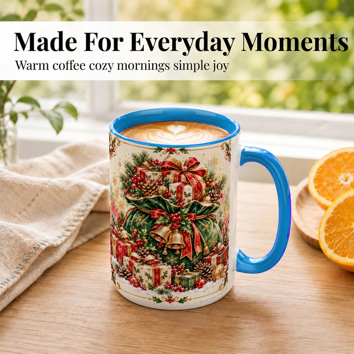 #pl[15oz|Blue] Christmas Present Bag Coffee Mug, Holiday Bells Mug, Ceramic Cup