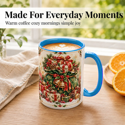 #pl[15oz|Blue] Christmas Present Bag Coffee Mug, Holiday Bells Mug, Ceramic Cup