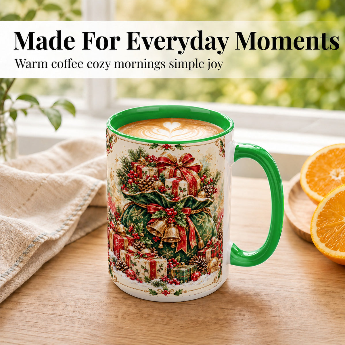 #pl[15oz|Green] Christmas Present Bag Coffee Mug, Holiday Bells Mug, Ceramic Cup