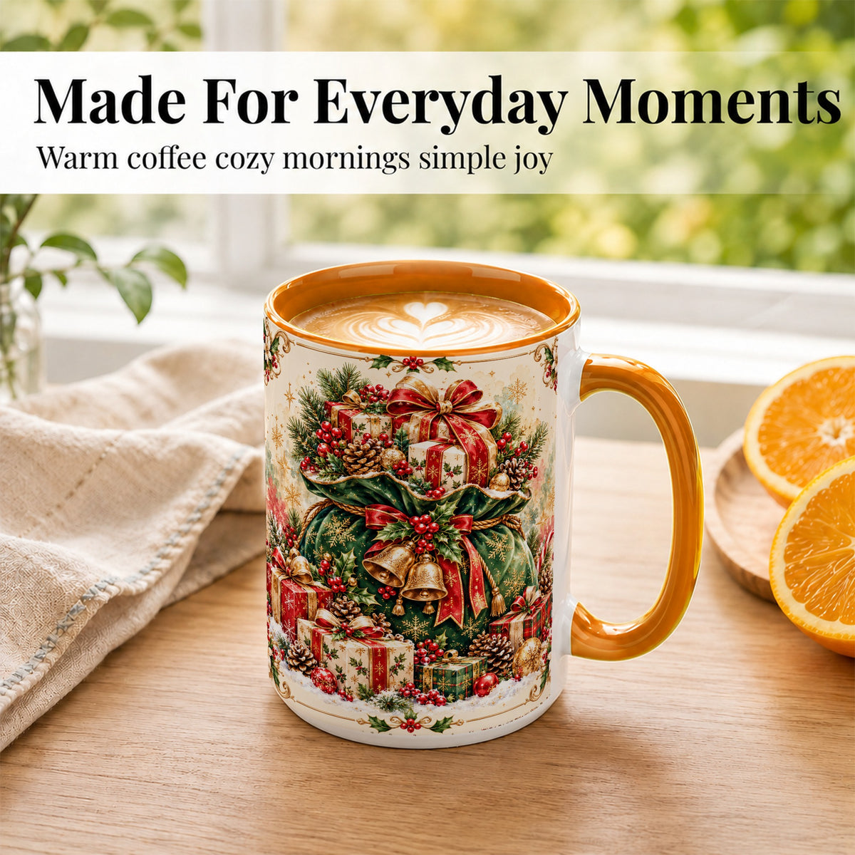 #pl[15oz|Orange] Christmas Present Bag Coffee Mug, Holiday Bells Mug, Ceramic Cup