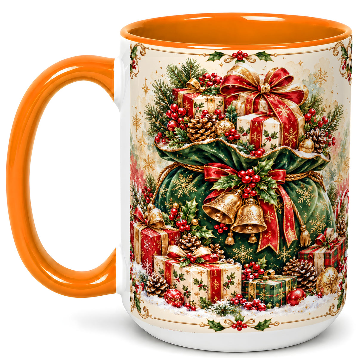 #pl[15oz|Orange] Christmas Present Bag Coffee Mug, Holiday Bells Mug, Ceramic Cup