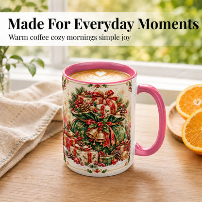 #pl[15oz|Pink] Christmas Present Bag Coffee Mug, Holiday Bells Mug, Ceramic Cup