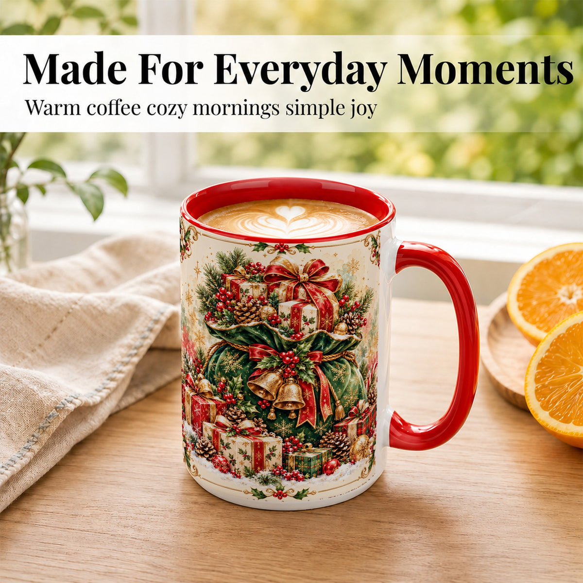 #pl[15oz|Red] Christmas Present Bag Coffee Mug, Holiday Bells Mug, Ceramic Cup