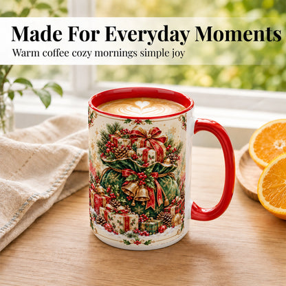 #pl[15oz|Red] Christmas Present Bag Coffee Mug, Holiday Bells Mug, Ceramic Cup