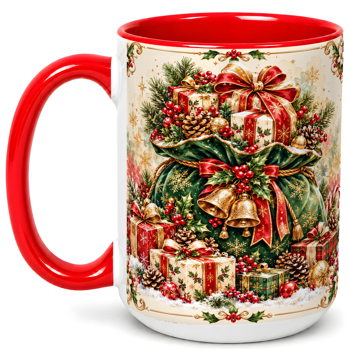 #pl[15oz|Red] Christmas Present Bag Coffee Mug, Holiday Bells Mug, Ceramic Cup