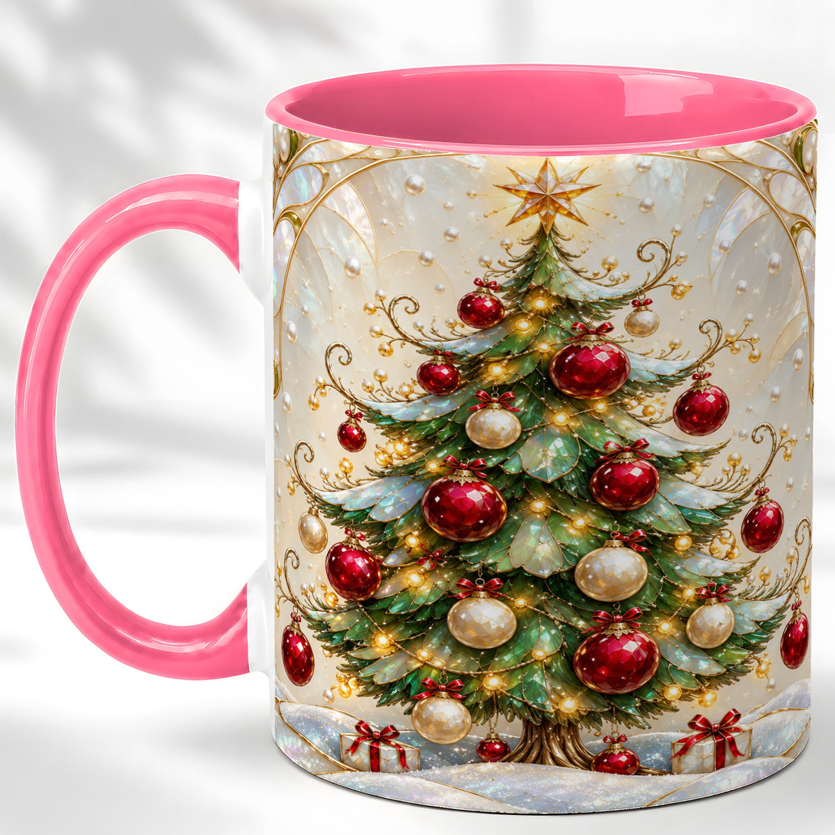 #pl[11oz|Pink] Christmas Tree Coffee Mug, Red Ornament Mug, Ceramic Cup