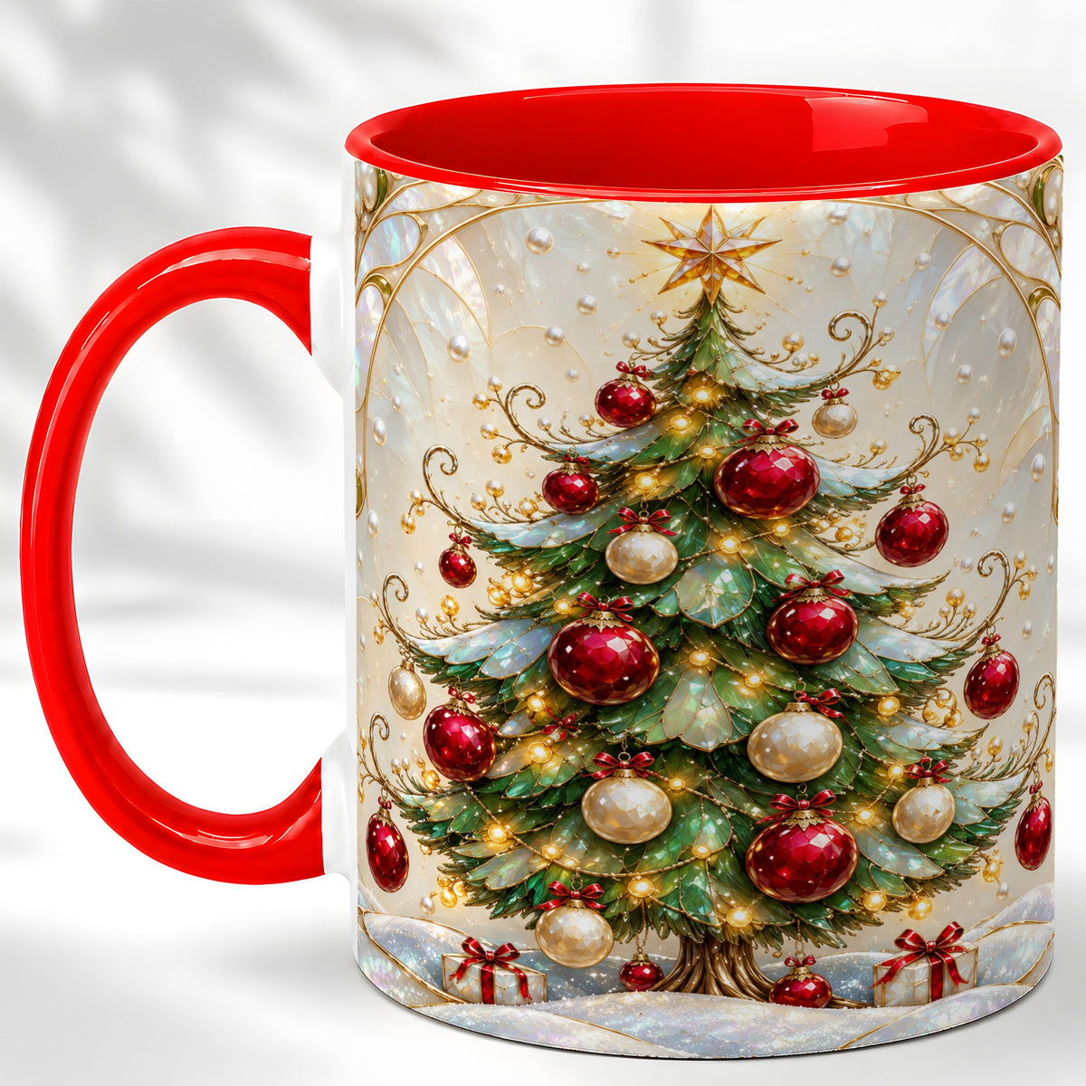 Christmas Tree Coffee Mug, Red Ornament Mug, Ceramic Cup