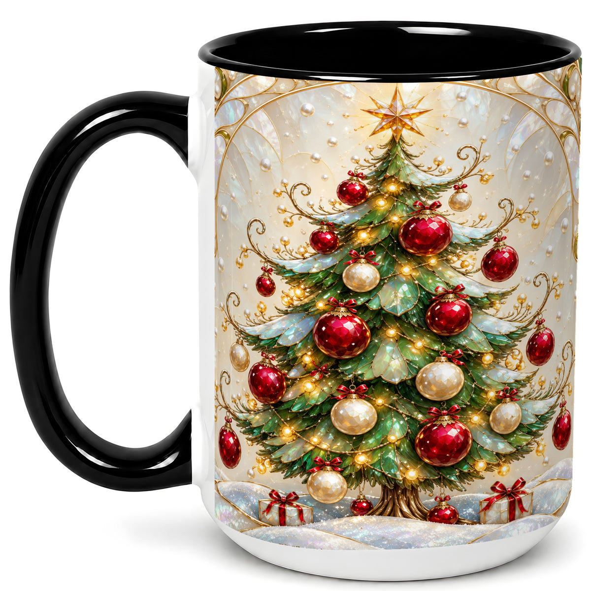 #pl[15oz|Black] Christmas Tree Coffee Mug, Red Ornament Mug, Ceramic Cup