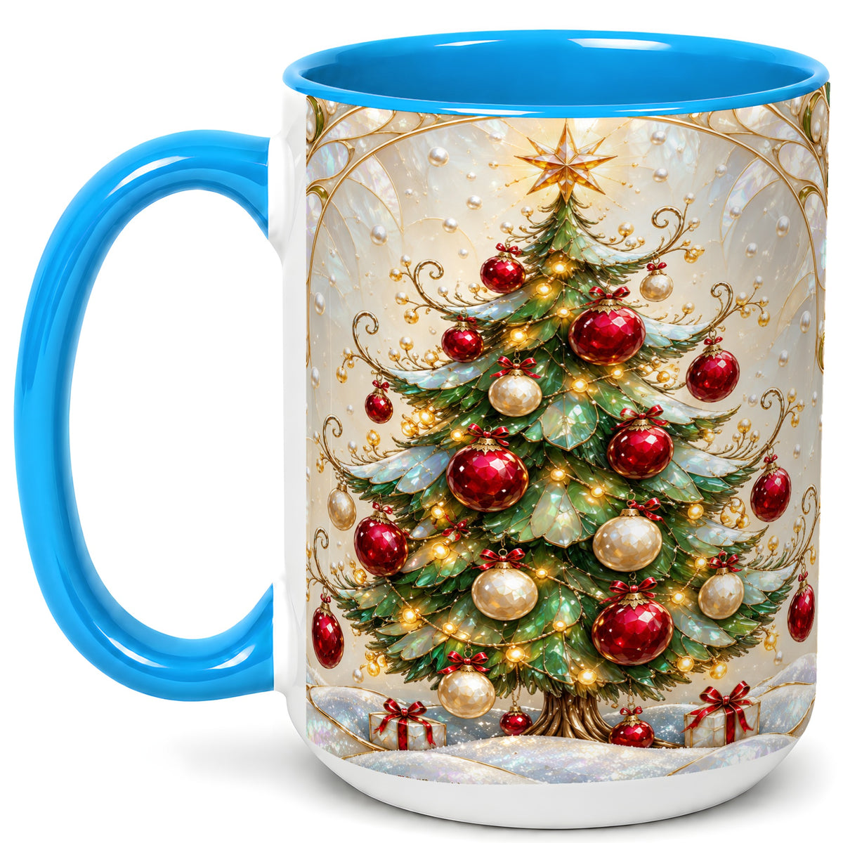 #pl[15oz|Blue] Christmas Tree Coffee Mug, Red Ornament Mug, Ceramic Cup