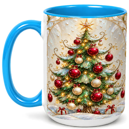 #pl[15oz|Blue] Christmas Tree Coffee Mug, Red Ornament Mug, Ceramic Cup